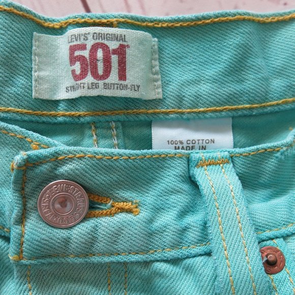Levi's 501 Button Fly Distressed 100% Cotton Green Denim Jean Short - Size 33 - Picture 5 of 5